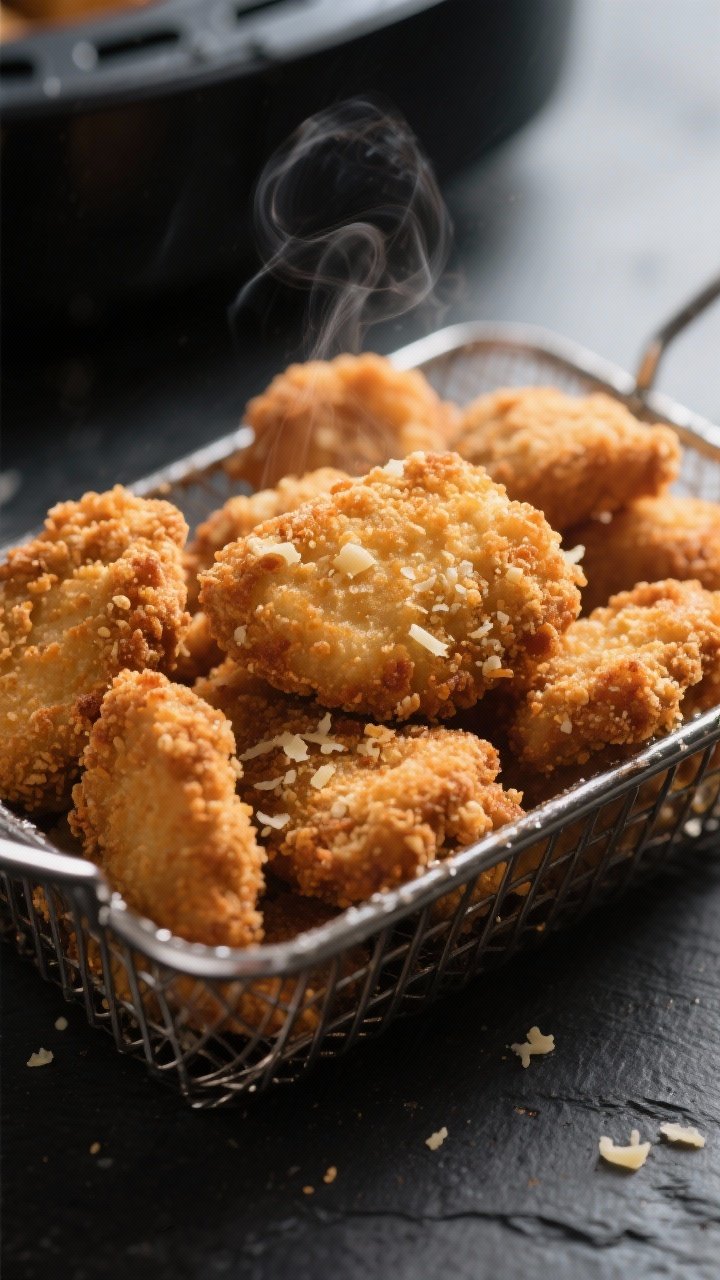 Close-up detail of air-fried crumbed chicken nuggets just out of the basket, ultra-crispy panko coat