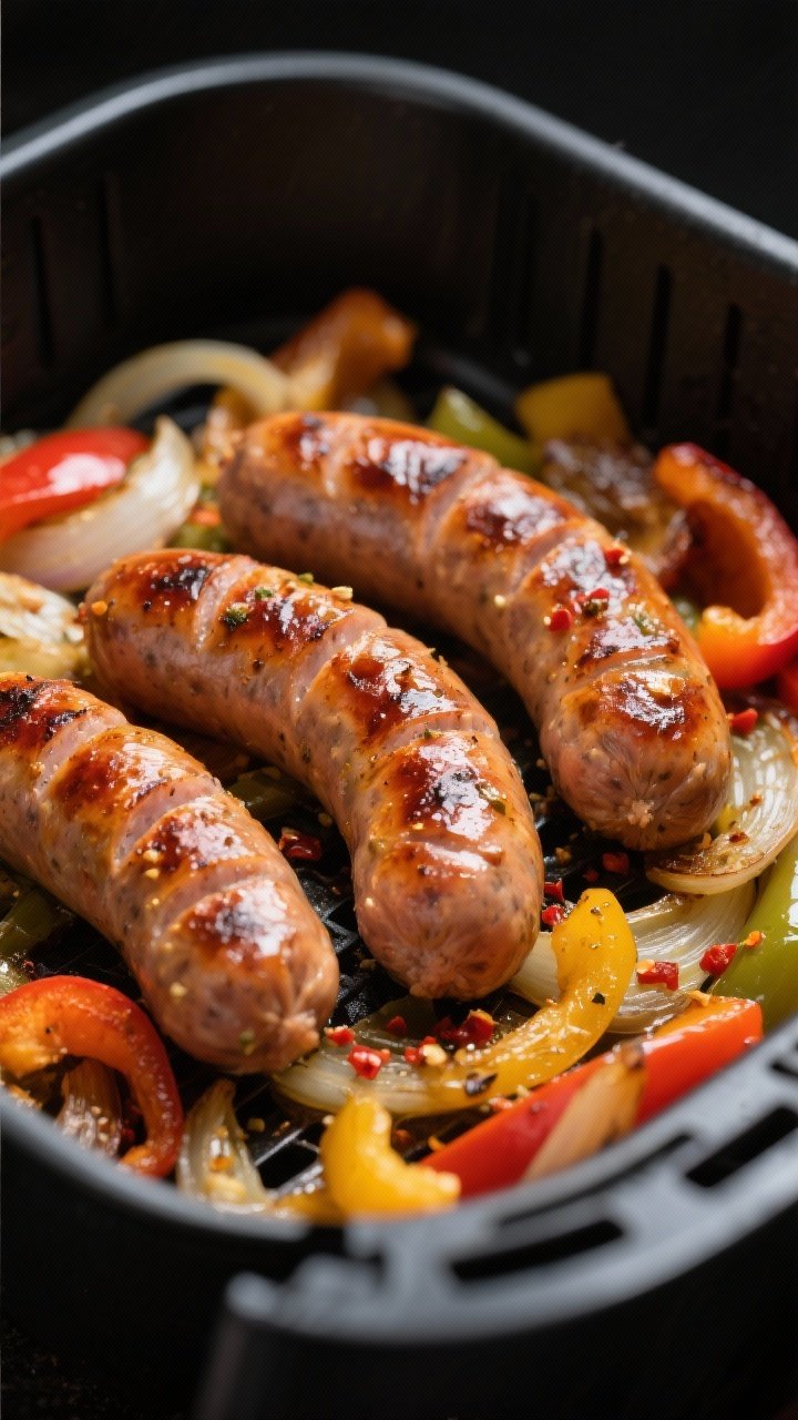Close-up detail of air-fried Italian sausages nestled over caramelized tri-color bell peppers and te