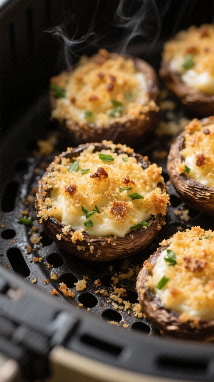 Close-up detail of air-fried stuffed mushrooms just out of the basket, showing golden, crisp panko-P