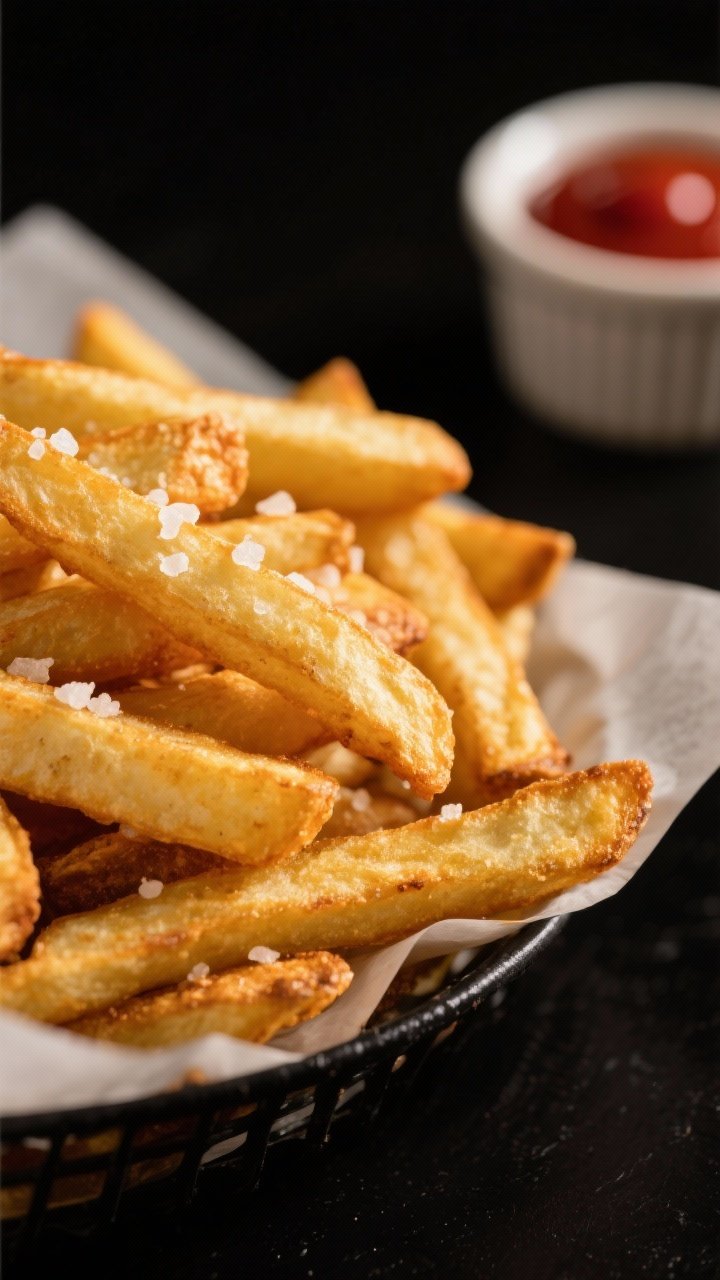 Close-up detail: Pile of air-fried salted fries just out of the basket, ultra-crispy golden edges wi