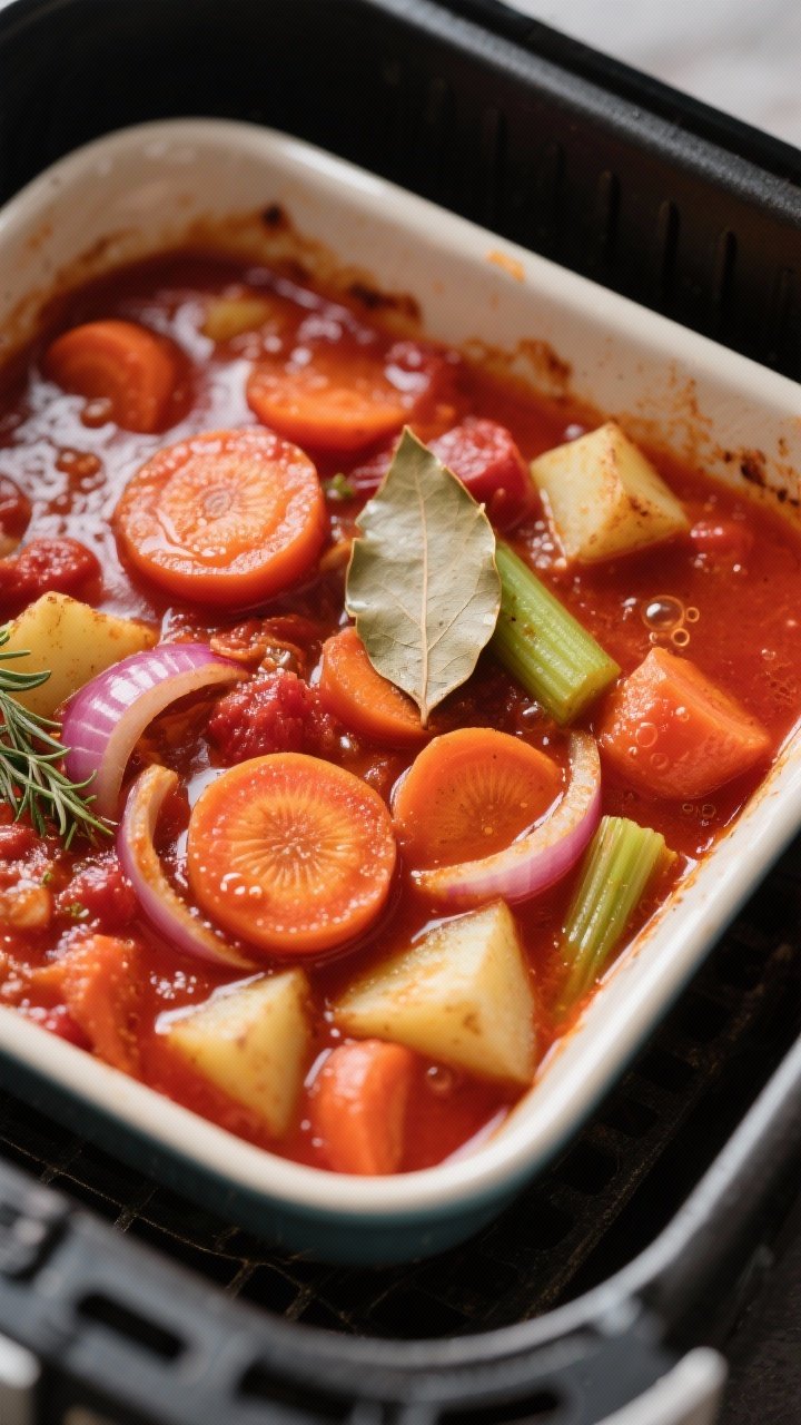 Close-up detail: Rich tomato and red wine stew mid-cook in a shallow, oven-safe dish inside an air f