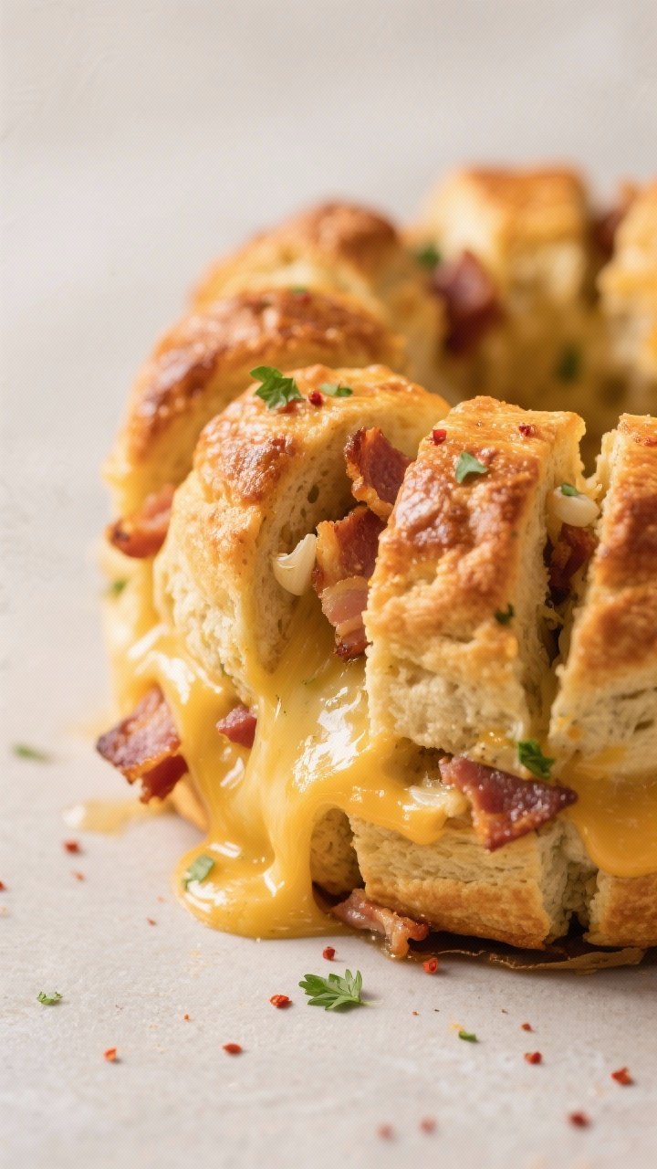 Close-up detail shot: a golden-brown cluster of baked pull-apart biscuit pieces just out of the air 