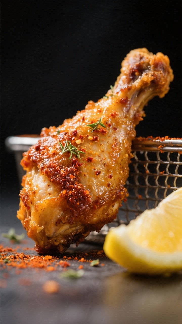 Close-up detail shot: Air-fried Cajun chicken drumstick fresh from the basket with blistered, golden