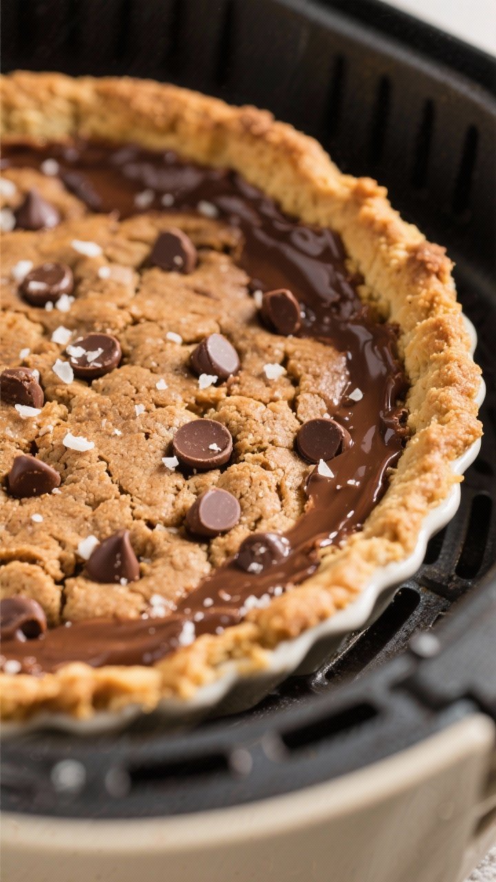 Close-up detail shot: Air fryer cookie pie just out of the basket, edges golden and crisp with a sli