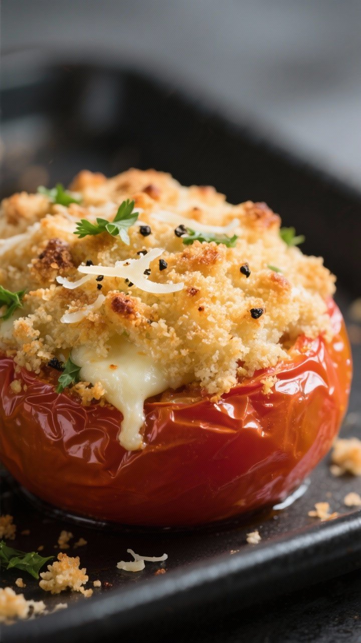 Close-up detail shot: Air fryer stuffed tomato just finished cooking, golden-browned breadcrumb and 