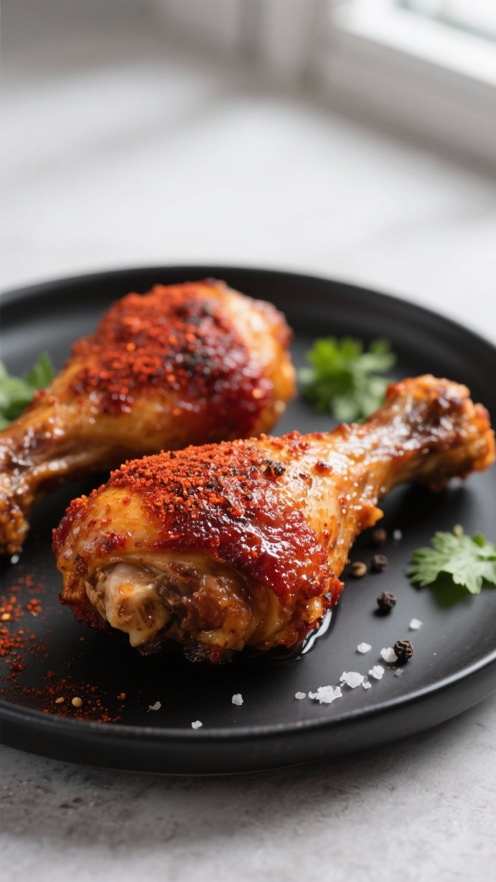 Close-up detail shot: Crispy air-fried chicken drumstick skin with a deep mahogany-red smokey rub cr