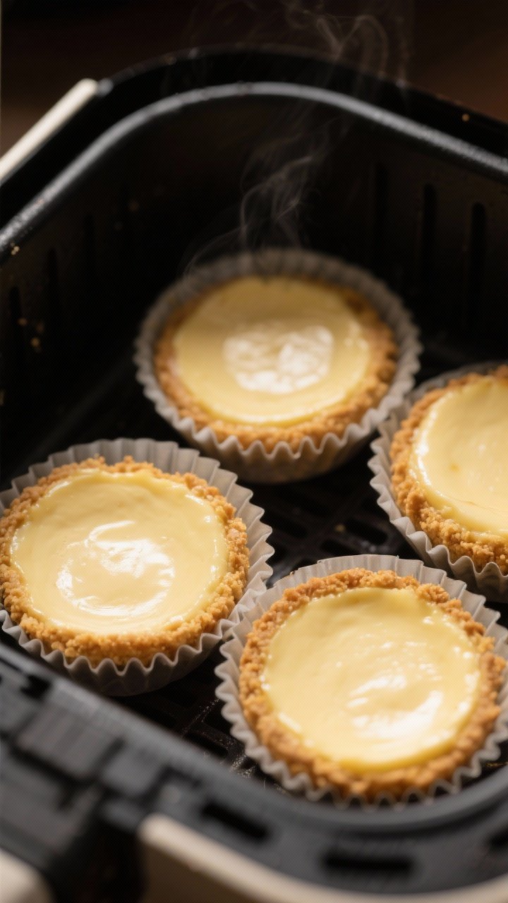 Close-up detail shot: freshly air-fried mini cheesecakes still in paper liners resting inside an ope
