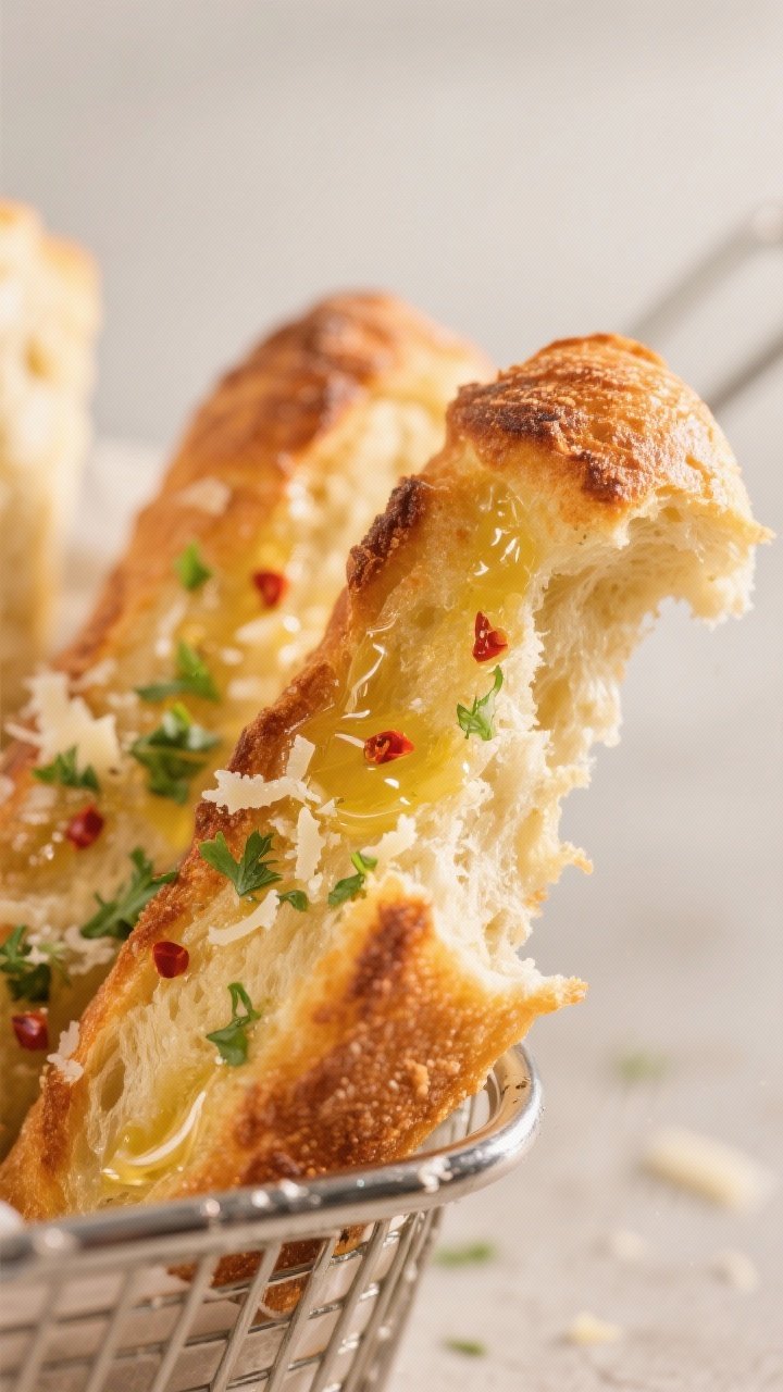 Close-up detail shot: golden-brown air-fried garlic bread sticks just out of the basket, edges light