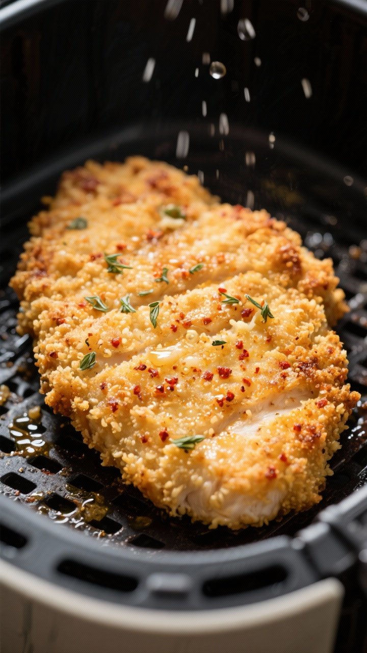 Close-up detail shot of a golden, air-fried chicken cutlet just after flipping: ultra-crisp panko-Pa