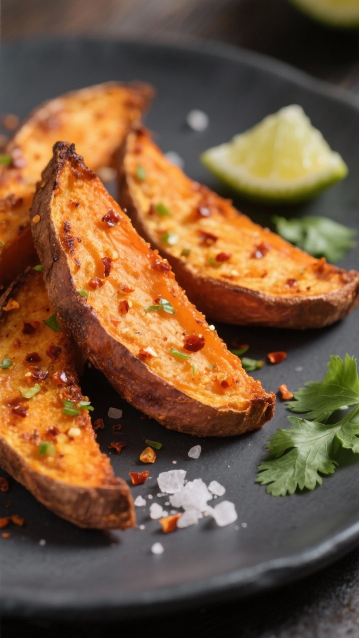 Close-up detail shot of freshly air-fried sweet potato wedges just tossed in lime chilli salt, showi