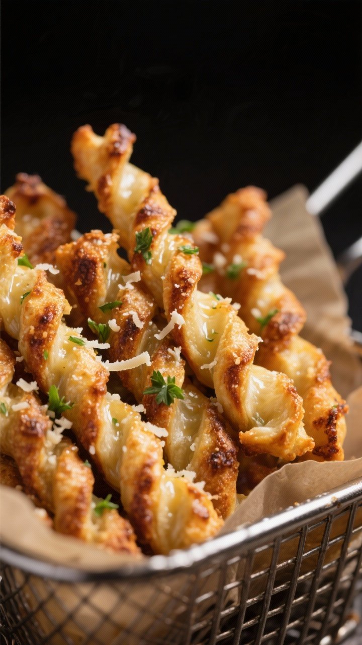 Close-up detail shot of freshly cooked Air Fryer Garlic and Parmesan Twists just out of the basket, 
