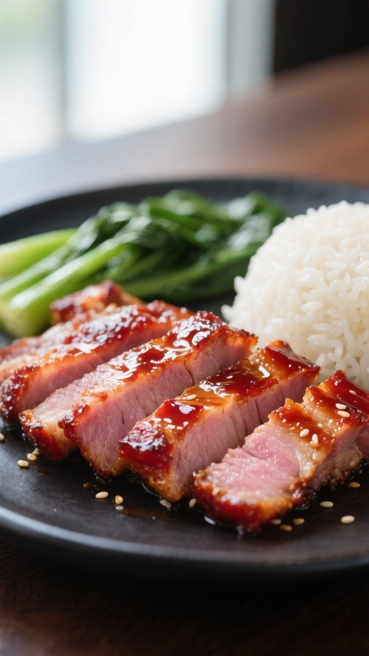 Close-up detail shot of sliced air-fried char siu pork, glistening with boiled-and-reduced honey gla