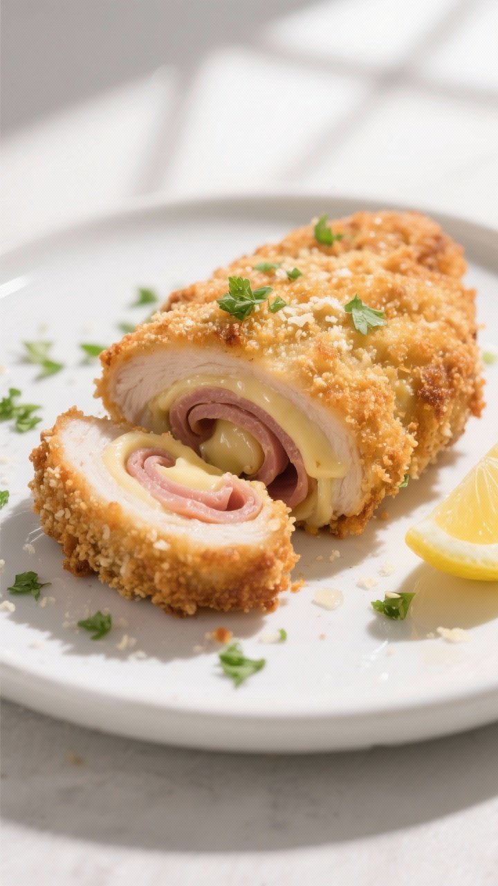 Close-up detail shot: Sliced air fryer chicken cordon bleu showing the spiral of smoky ham and melty