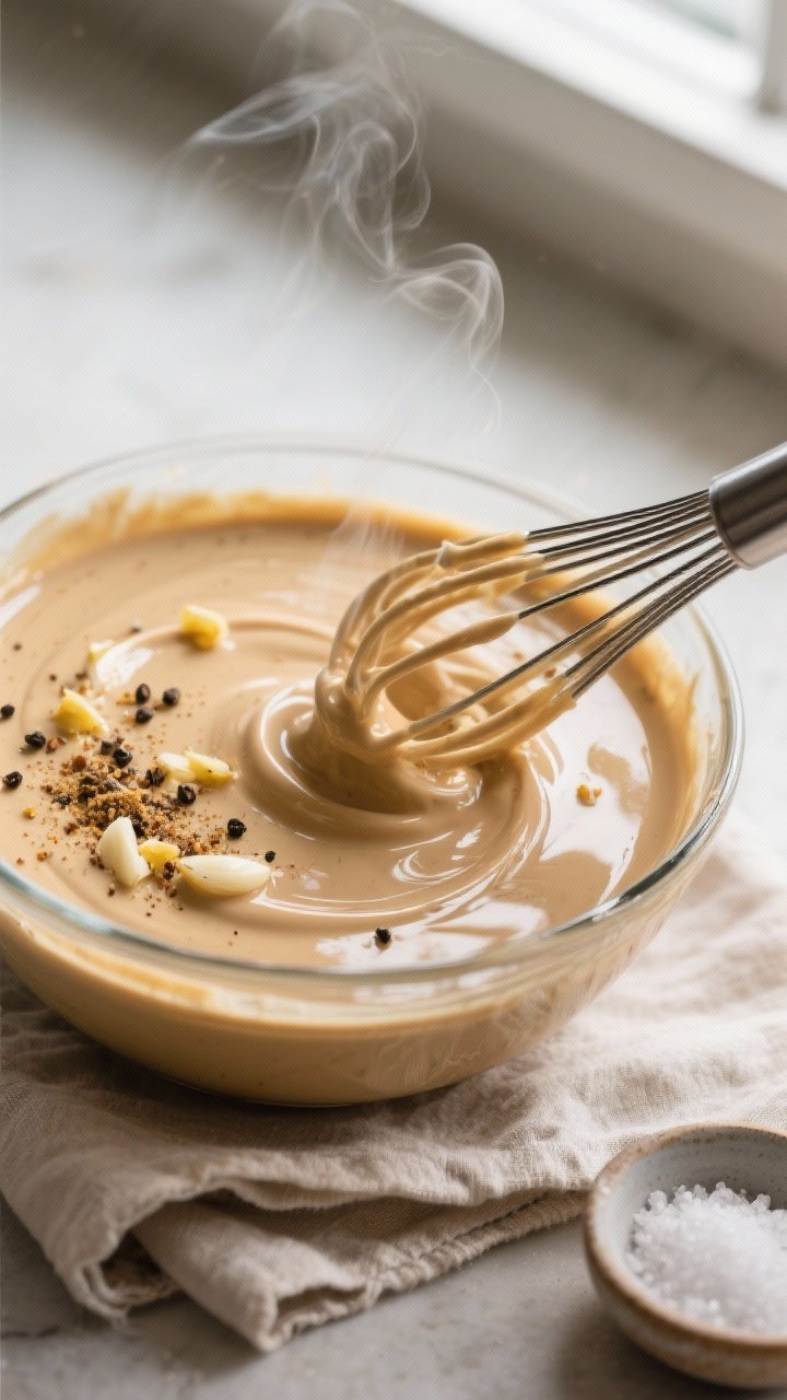 Close-up detail shot: Warm, just-toasted tahini sauce being whisked to a silky, pourable consistency
