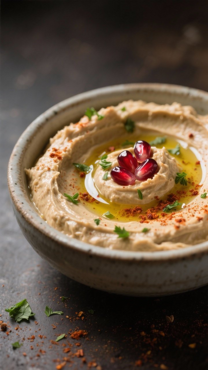 Close-up detail: Silky baba ganoush being swirled in a shallow ceramic bowl, showing ultra creamy te