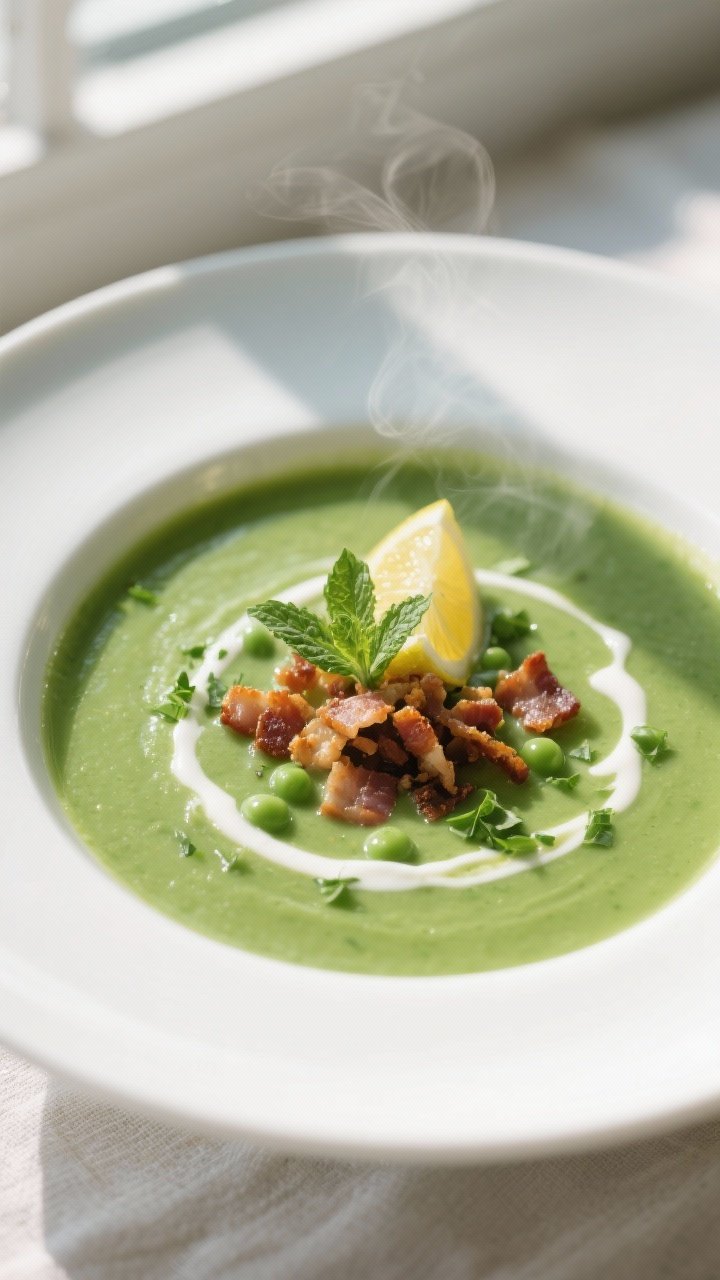 Close-up detail: Silky bright-green pea soup just after blending, with a glossy swirl of heavy cream