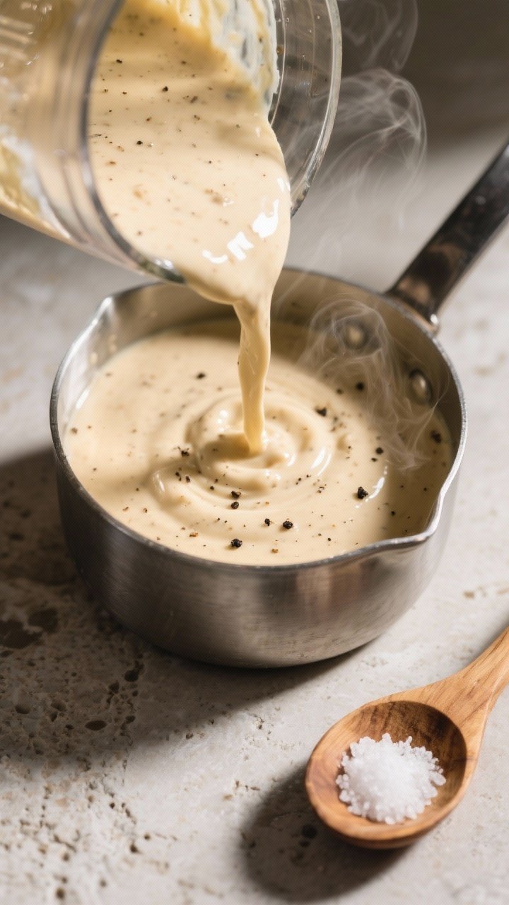 Close-up detail: Silky cashew cream sauce cascading from a blender jar into a small saucepan, ultra-