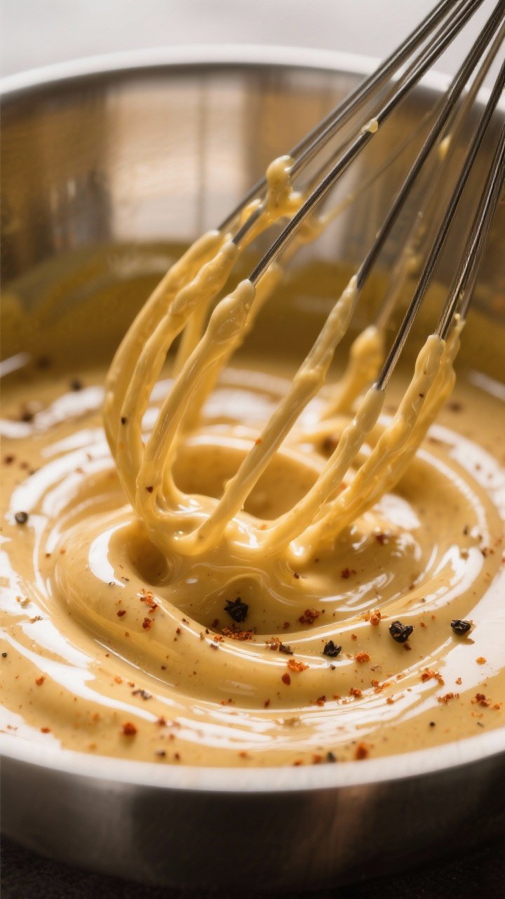 Close-up detail — Silky whisked dressing: Extreme close-up of the finished honey mustard dressing 
