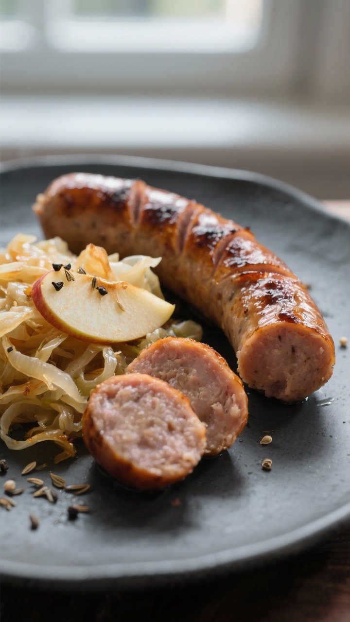 Close-up detail: Sliced air-fried bratwurst just off the fryer, showing crisp browned casing with a 
