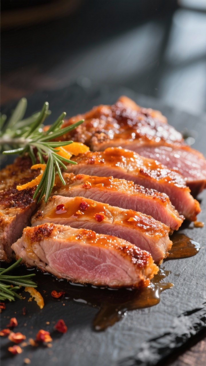 Close-up detail: Sliced air-fried duck breast with shatteringly crisp, rendered skin and a rosy medi