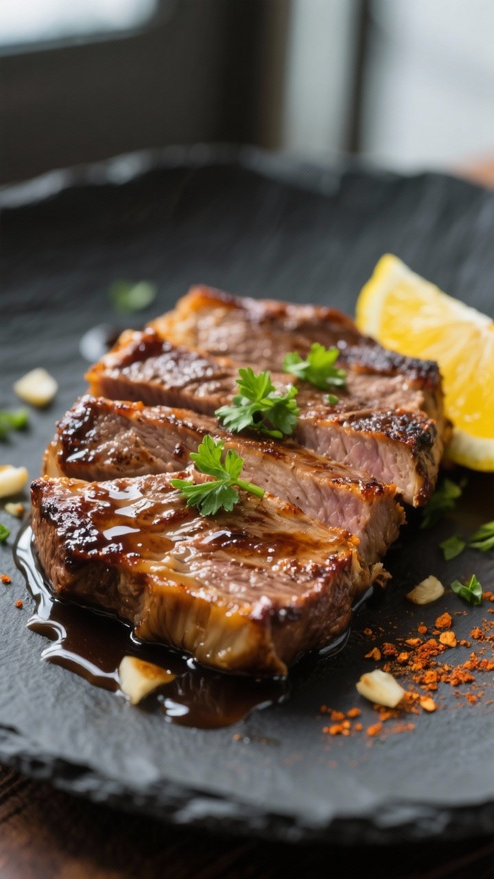 Close-up detail: Sliced air-fried portobello mushroom “steak” with deeply caramelized, crisped e