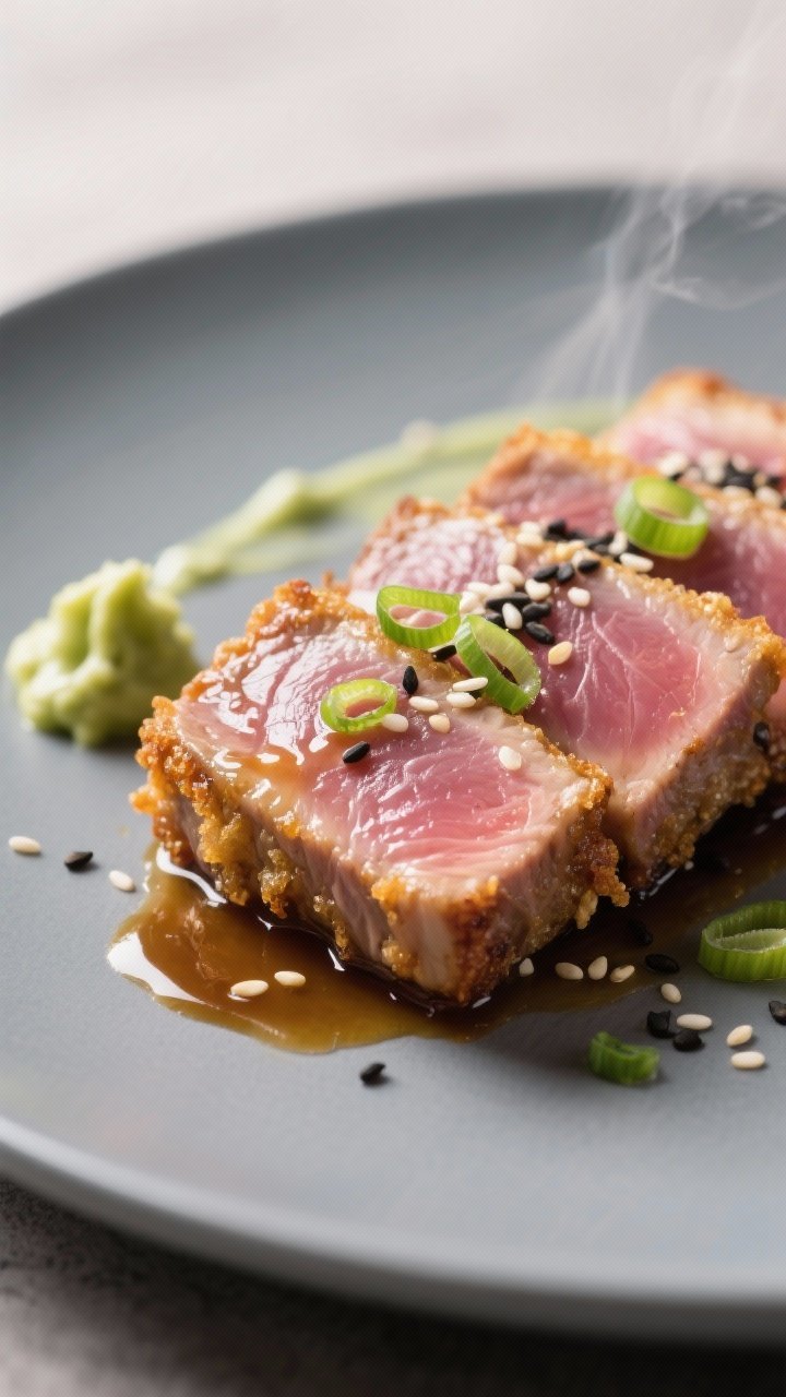Close-up detail: Sliced air-fried tuna steak, rare to medium-rare with a rosy center and golden, lig