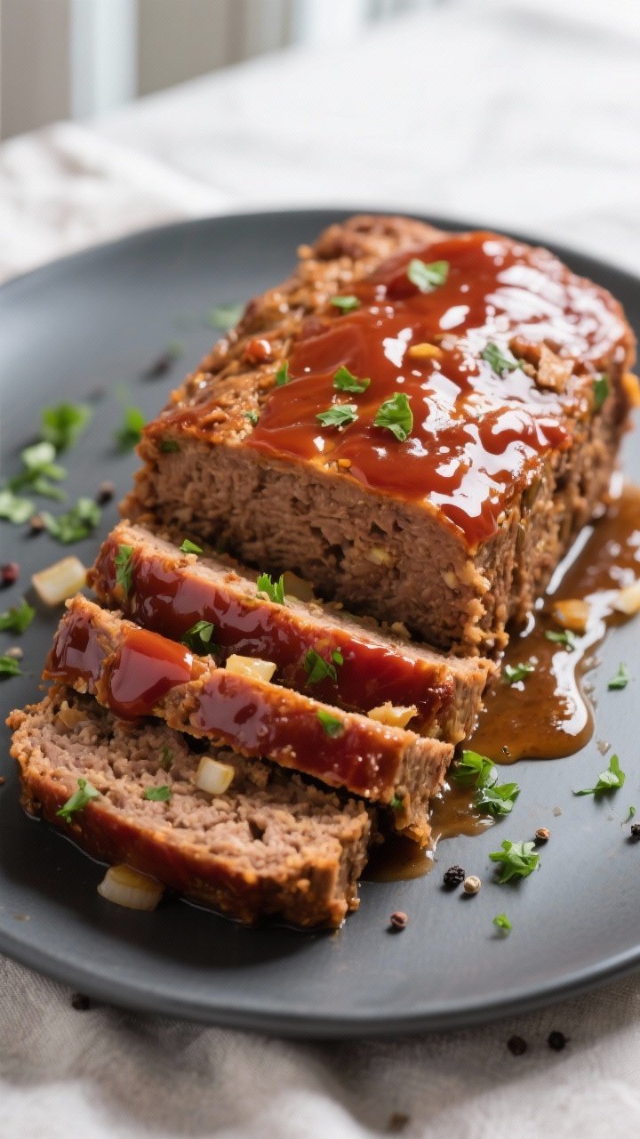 Close-up detail: Sliced air fryer meatloaf with a glossy, caramelized ketchup-brown sugar-Worcesters