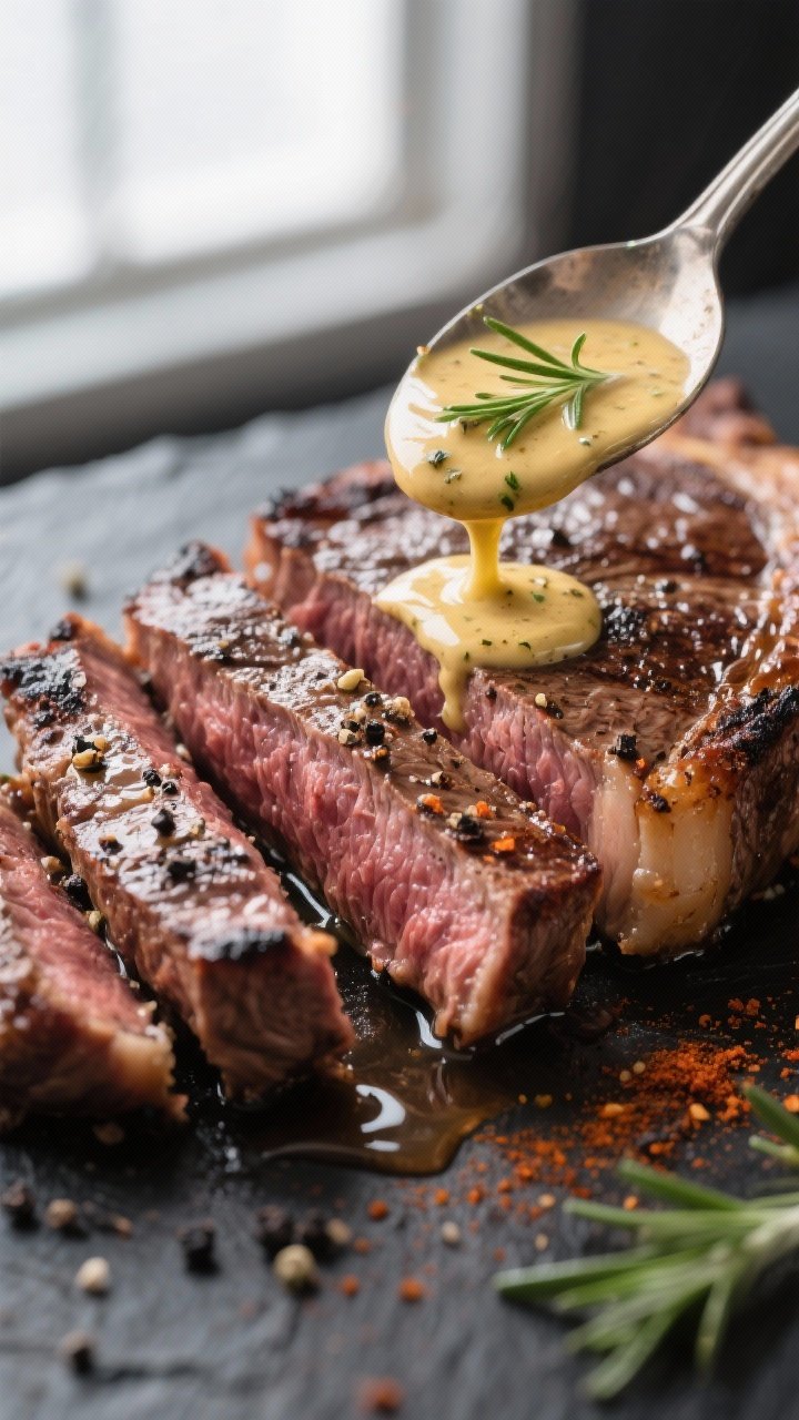 Close-up detail: Sliced medium-rare ribeye just out of the air fryer, glistening with melted butter