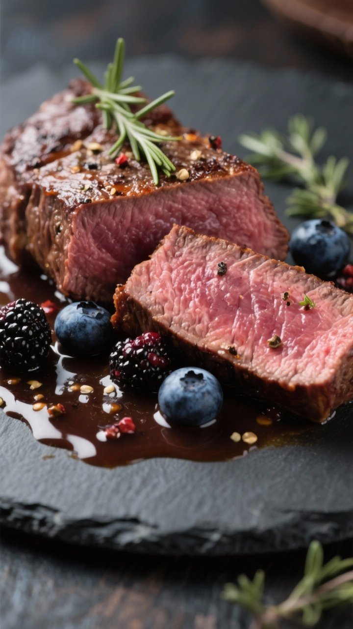 Close-up detail: Sliced medium-rare venison steak just after resting, rosy-pink interior at 127°F w