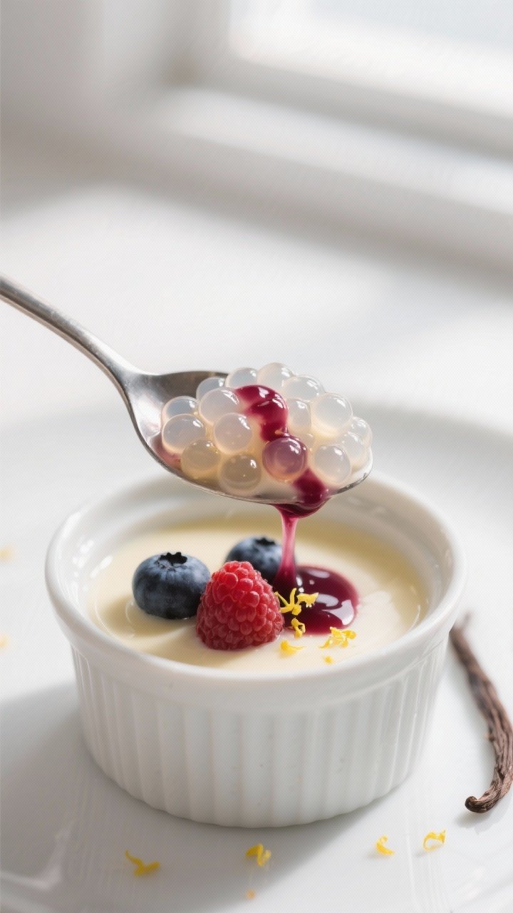 Close-up detail: Spoonful of chilled sago pudding lifted from a ramekin, showing glossy, translucent