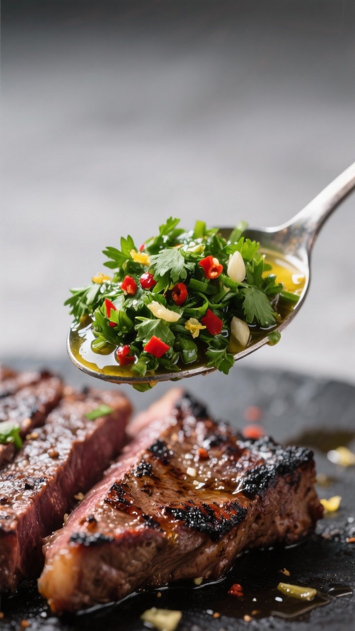 Close-up detail: Spoonful of vibrant chimichurri hovering over freshly grilled skirt steak slices, s