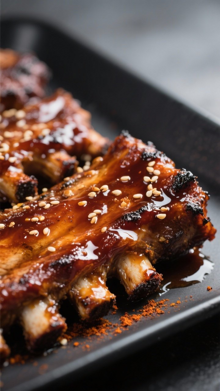 Close-up detail: Sticky, caramelized pork ribs fresh from the air fryer at 380°F, glaze bubbling an