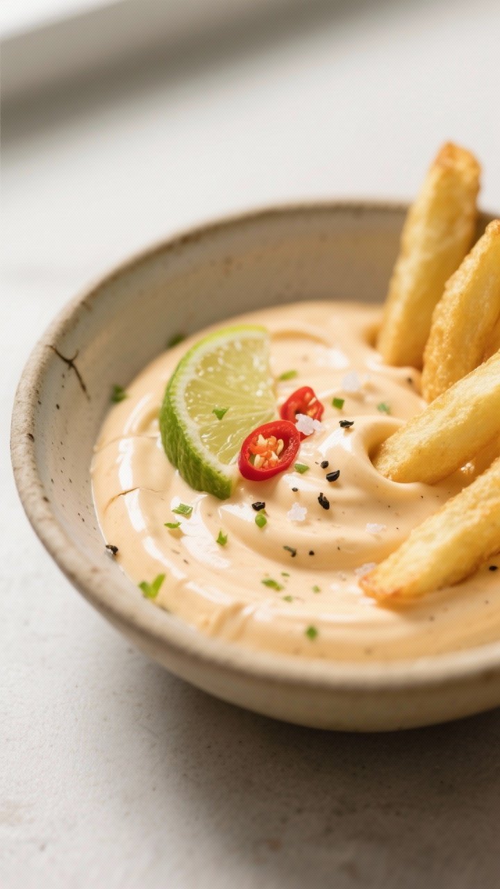 Close-up detail: Thick, creamy chilli and lime mayo in a small ceramic bowl, visible flecks of lime