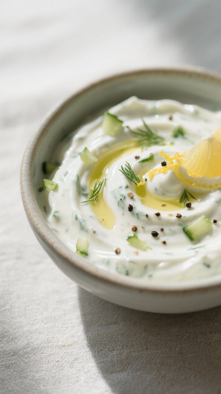 Close-up detail: Thick, creamy tzatziki in a small ceramic bowl, glossy swirls with a drizzle of ext