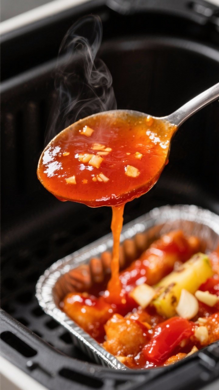 Close-up detail: Thick, glossy sweet and sour sauce just after thickening, clinging to a spoon lifte