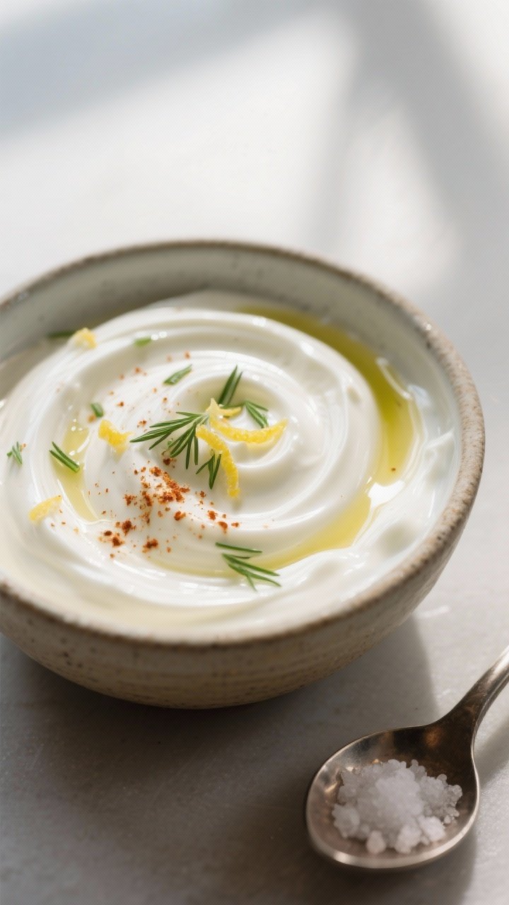 Close-up detail: Thick, silky double cream yoghurt dipping sauce being swirled in a small ceramic bo