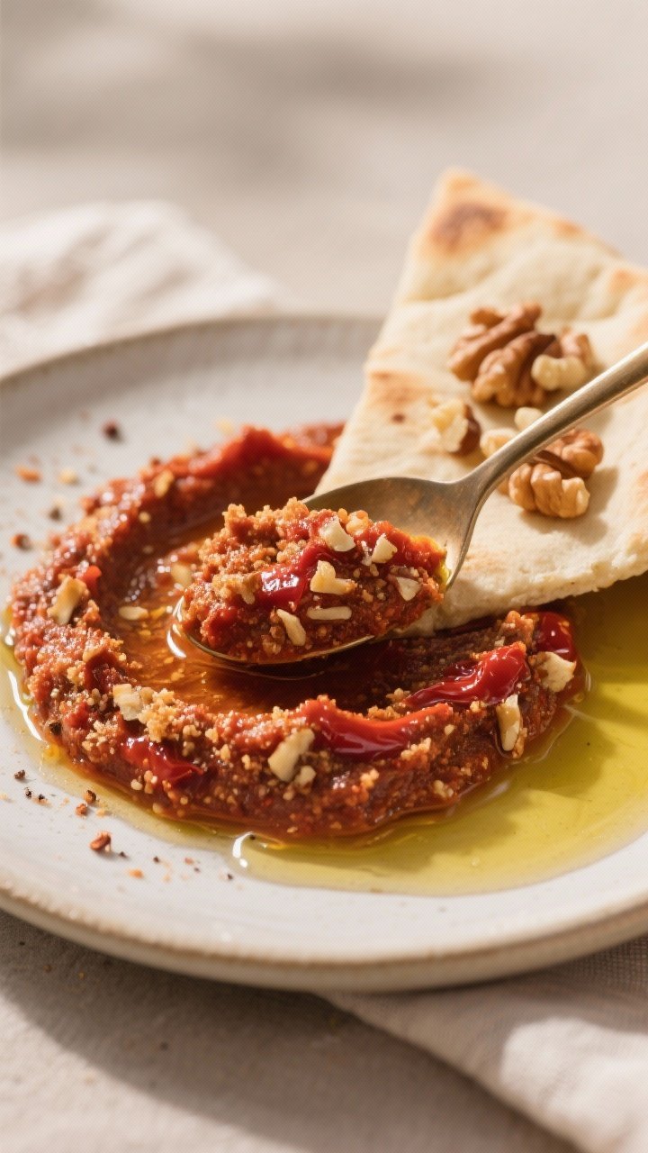Close-up detail: Thick, textured muhammara being scooped with a pita triangle, showing glossy ripple