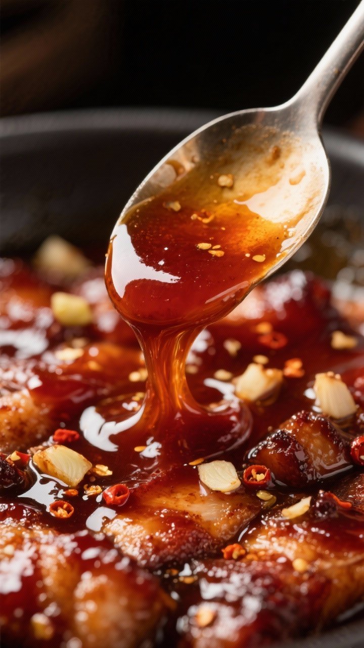Close-up detail: Thickened Korean BBQ glaze just after adding cornstarch slurry—ultra-glossy, syru