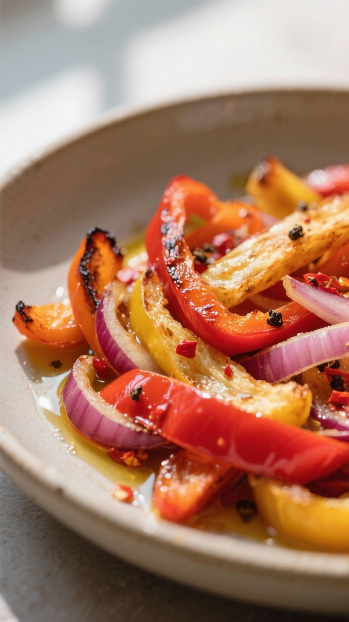 Close-up detail: Thin strips of air-fried roasted bell peppers (red, yellow, orange) glistening in a
