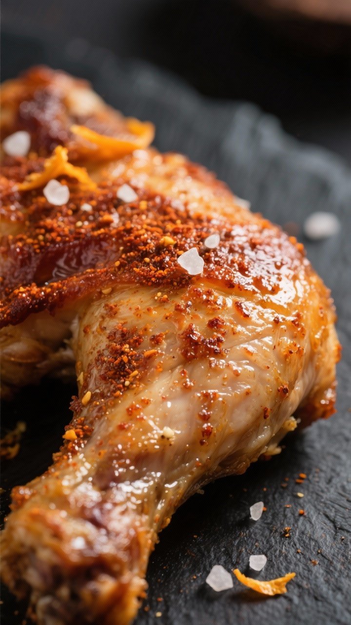 Close-up detail — Tight macro of juicy air-fried chicken thighs rubbed with Ras el Hanout, crackli