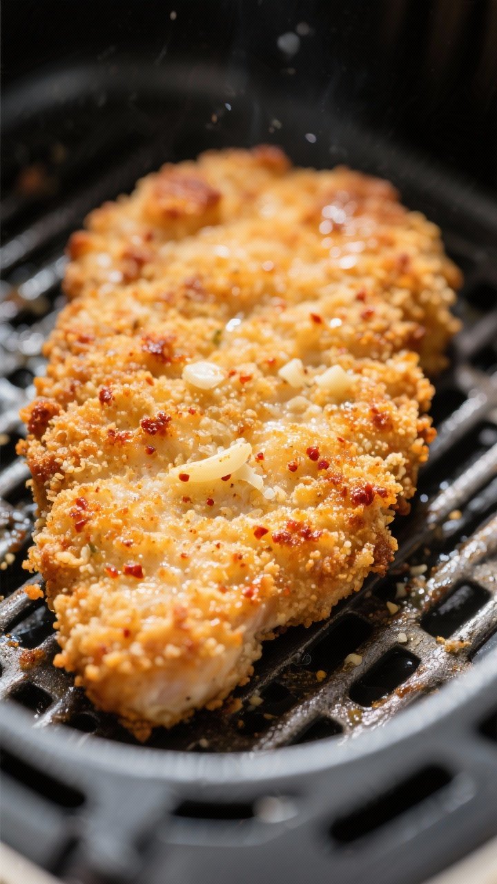 Close-up detail: Ultra-close shot of a cooked Air Fryer Chicken Milanese cutlet just after flipping 