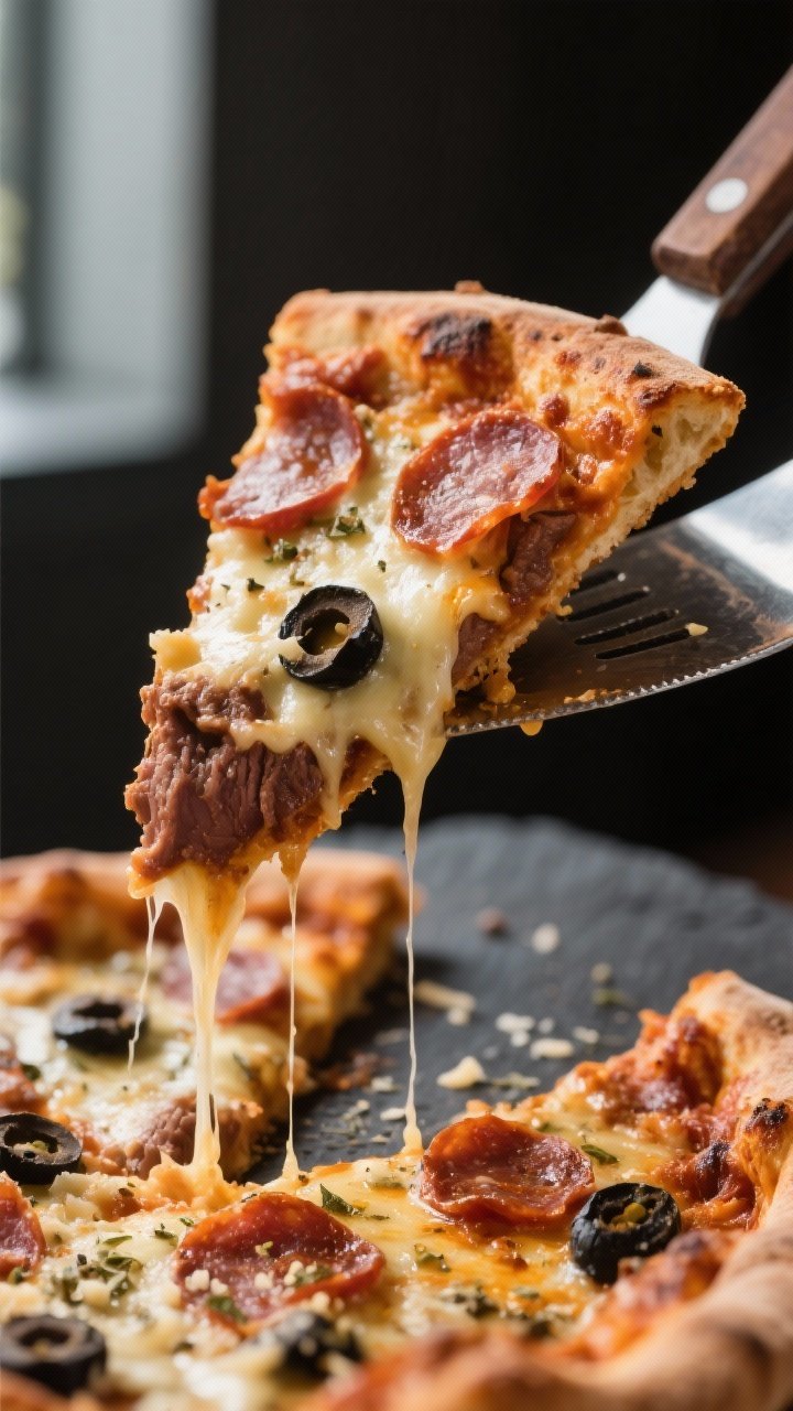 Close-up detail: Ultra-close shot of a sliced wedge of meatzza being lifted with a wide metal spatul