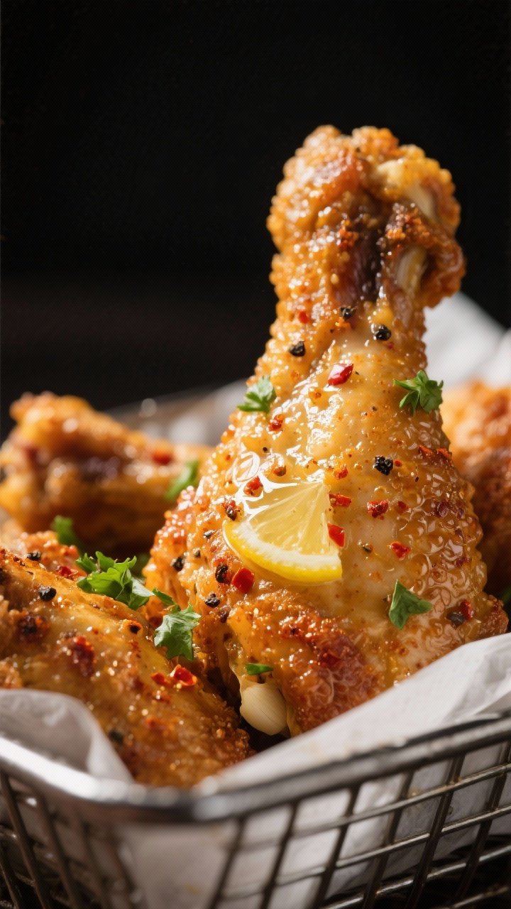 Close-up detail: Ultra-close shot of crispy air-fried chicken drumettes just out of the basket, skin