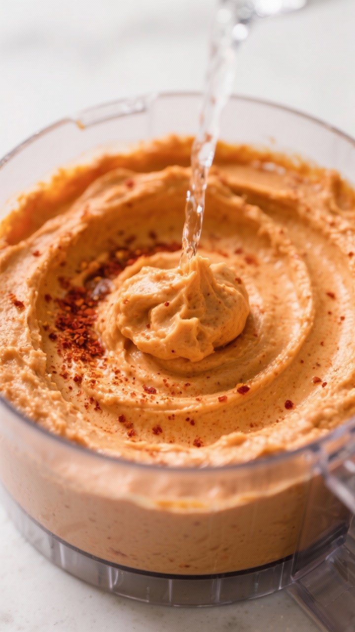 Close-up detail: Ultra-creamy roasted red pepper hummus mid-blend in a clear food processor bowl, sh