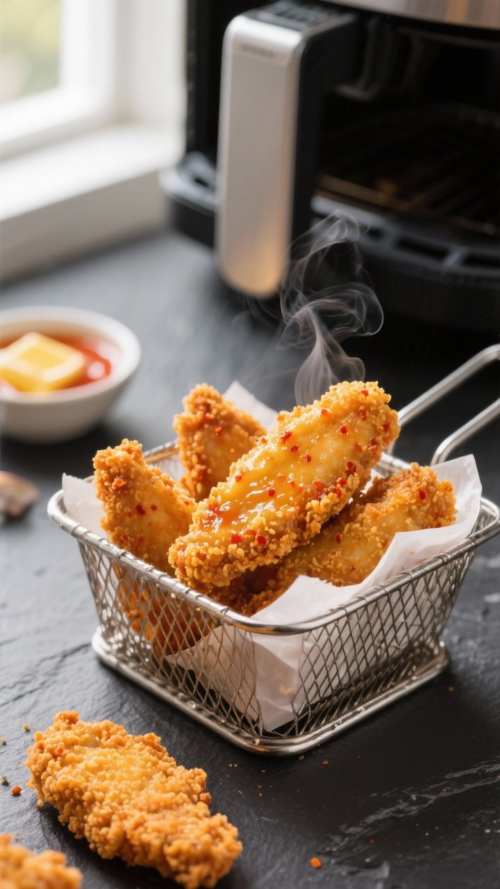 Ultra crisp air fried Buffalo chicken tenders close-up