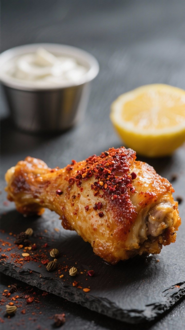 Close-up detail: Ultra-crisp air-fried chicken drumstick skin dusted with deep-red sumac, smoky papr