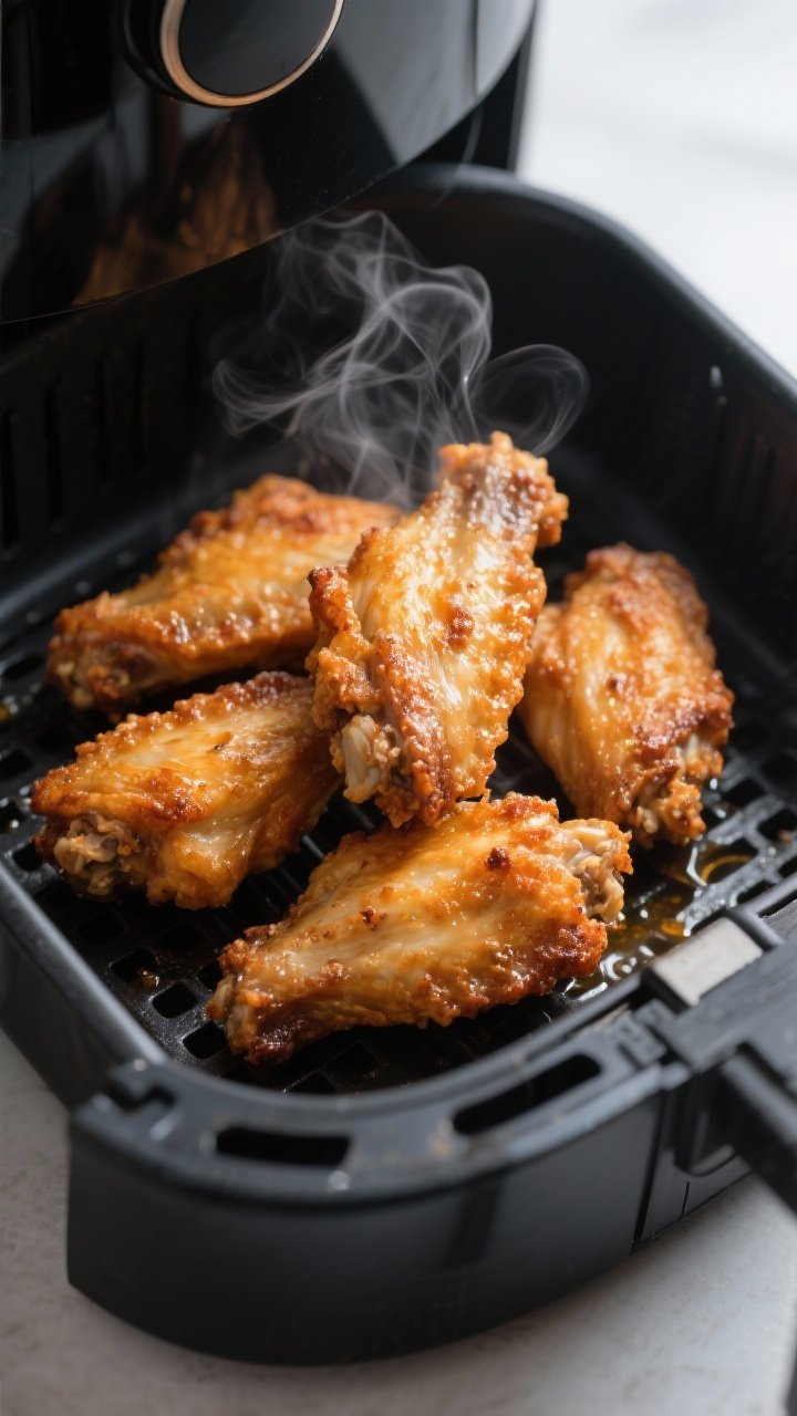Close-up detail: Ultra-crisp air-fried chicken wings fresh from the basket, golden-brown and blister
