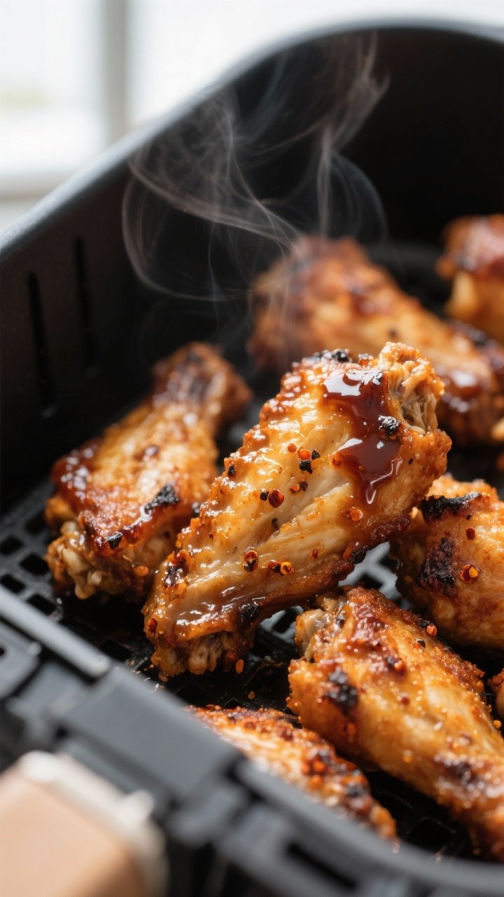 Close-up detail: Ultra-crispy air-fried chicken wings fresh from the basket, deep golden-brown skin 