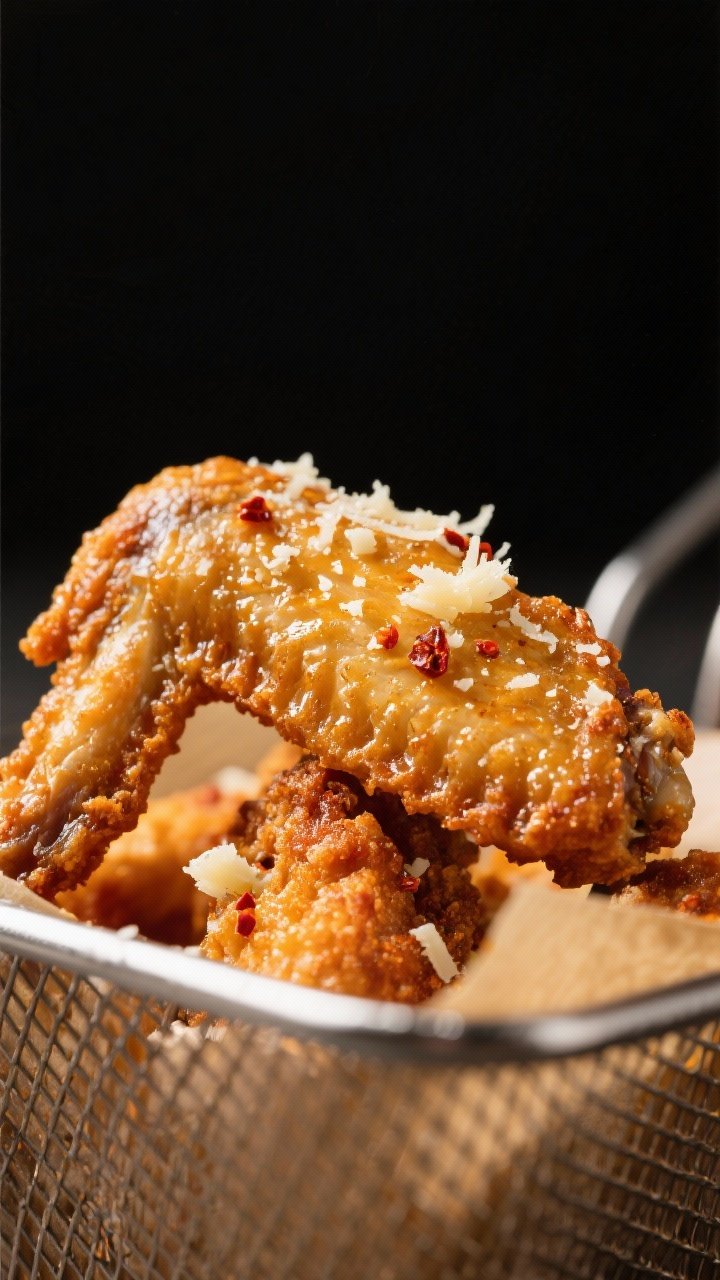 Close-up detail: Ultra-crispy air-fried chicken wing just out of the basket, golden blistered skin w