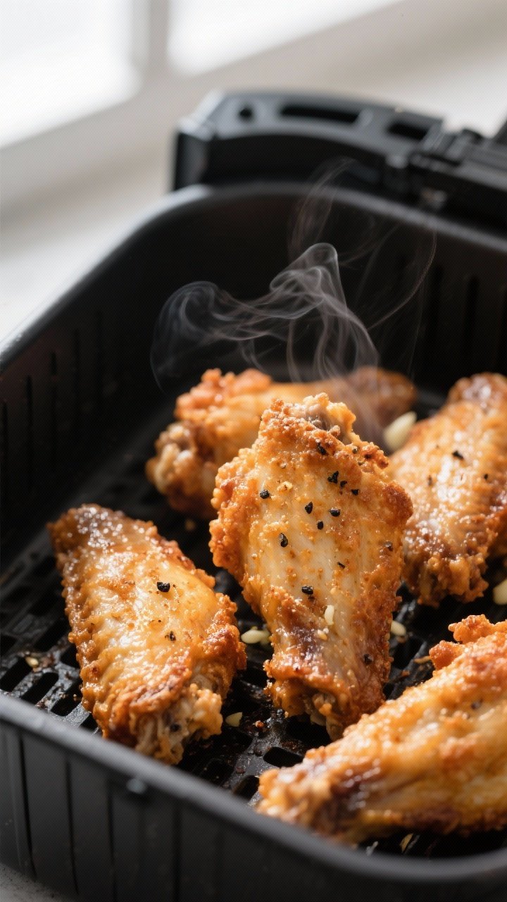 Close-up detail: Ultra-crispy air-fried chicken wings fresh from the basket, skin blistered and deep